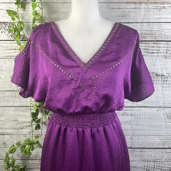 Laundry Shelli Segal Dress Small Purple Sequins Boho Floral Embroidery Knee - Picture 3 of 14